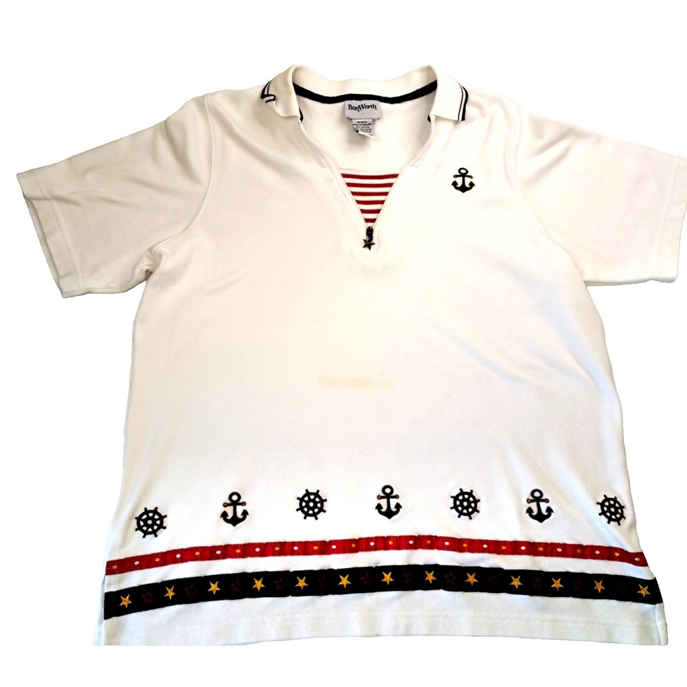 Vtg Bon‎ Worth Nautical Top Women's S OVERSIZED Short Sleeve Anchor Zipper Pull